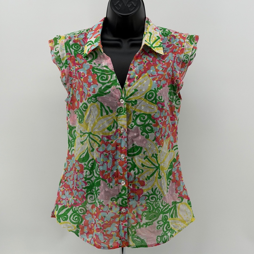 Lilly Pulitzer Sleeveless Button Down Women 2 Pink Green Floral Ruffle Clip Dot